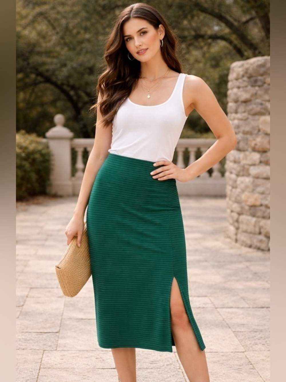 NWT LOFT Green Striped Midi Skirt Side Slit Stretch Career Pencil Skirt Size L